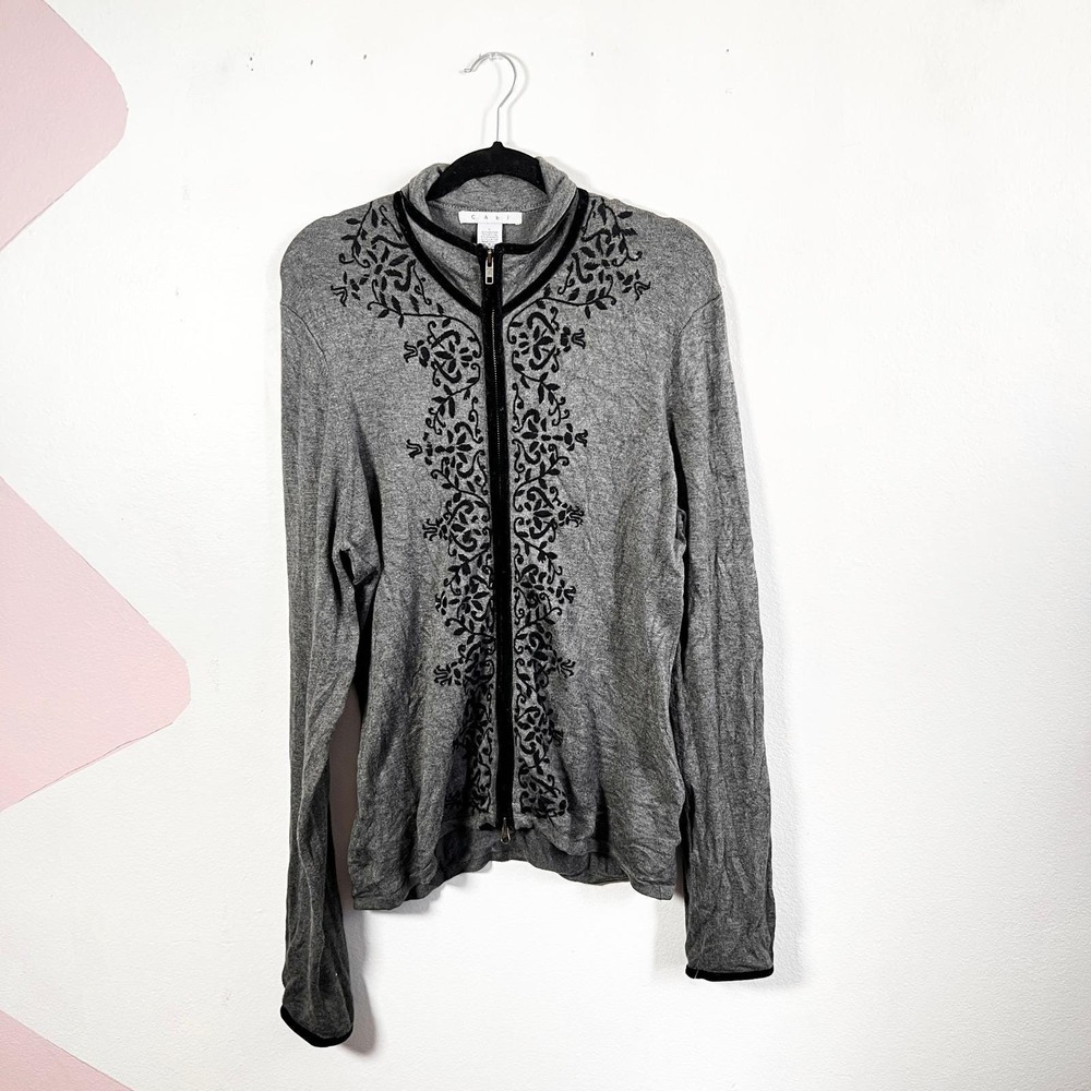 Vintage Cabi Floral Embroidered Zip Up Sweater Sz Large Grunge‎ Indie Sleaze